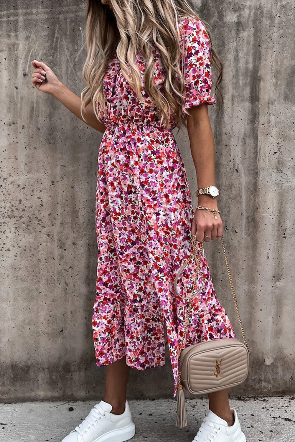 Women’s Summer Loose Long Dresses Shortn Sleeve V Neck Floral Maxi Dress