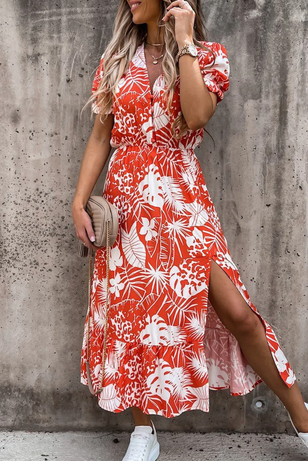 Women’s Summer Loose Long Dresses Shortn Sleeve V Neck Floral Maxi Dress