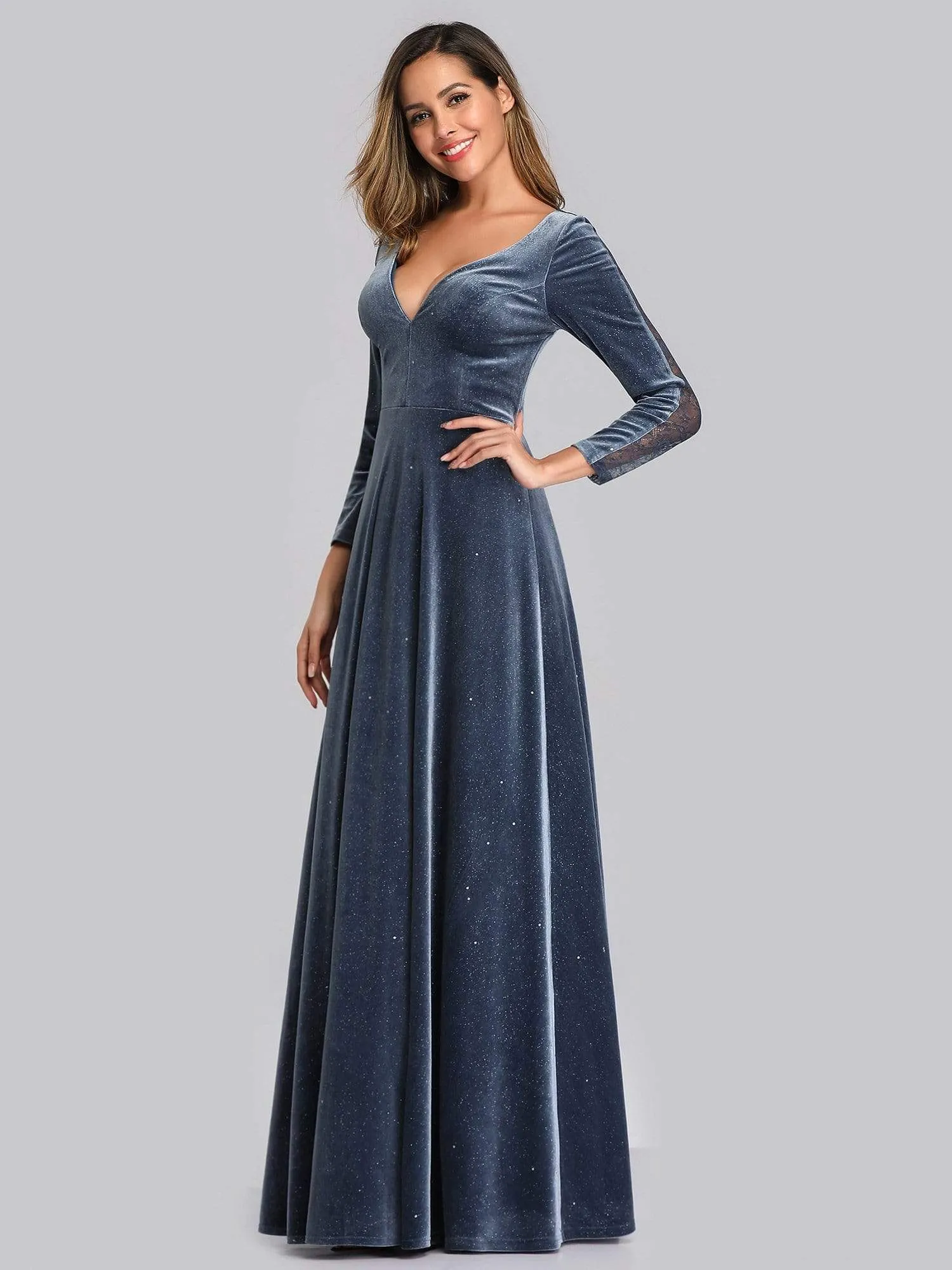 Women's V-Neck Floor Length Velvet Prom Dresses With Long Sleeve