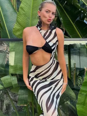 Zebra Print Transparent Striped Mesh Maxi Dress for Women - 2024 Summer Vacation Cut Out