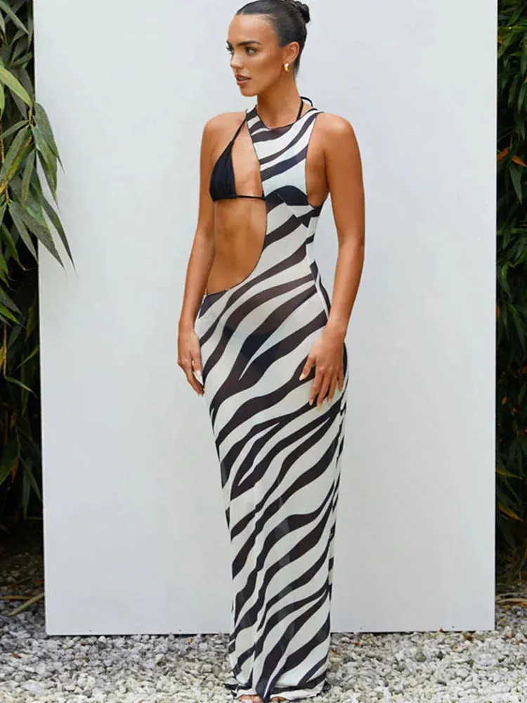 Zebra Print Transparent Striped Mesh Maxi Dress for Women - 2024 Summer Vacation Cut Out